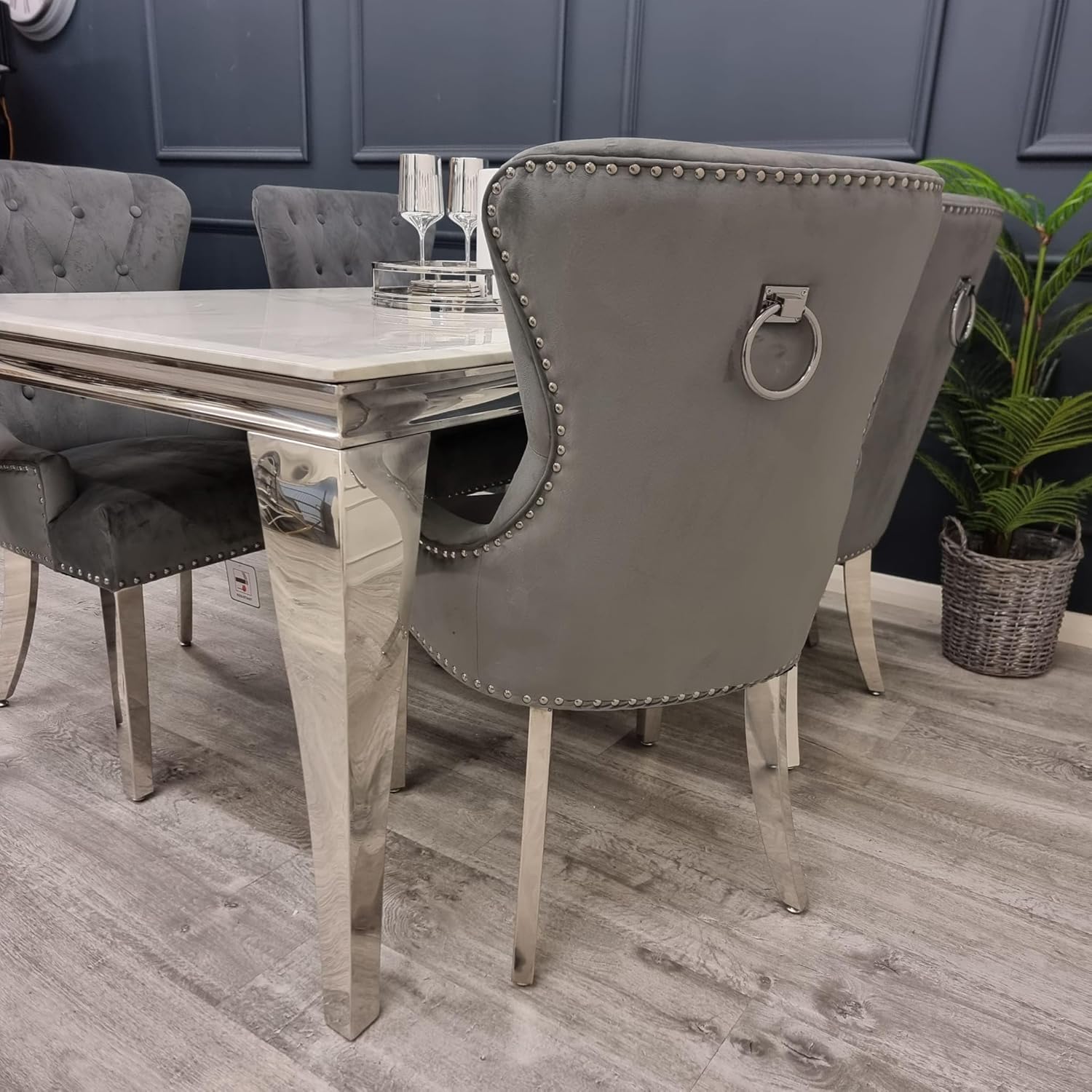 Megan Velvet Dining Chairs Set of 2 – Deep Buttoned Back with Chrome Ring Knocker – Upholstered Dining Room Chairs