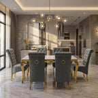 Luvon Emma Cream Marble Dining Table with Gold Frame & Grey Velvet Ring Knocker Chairs