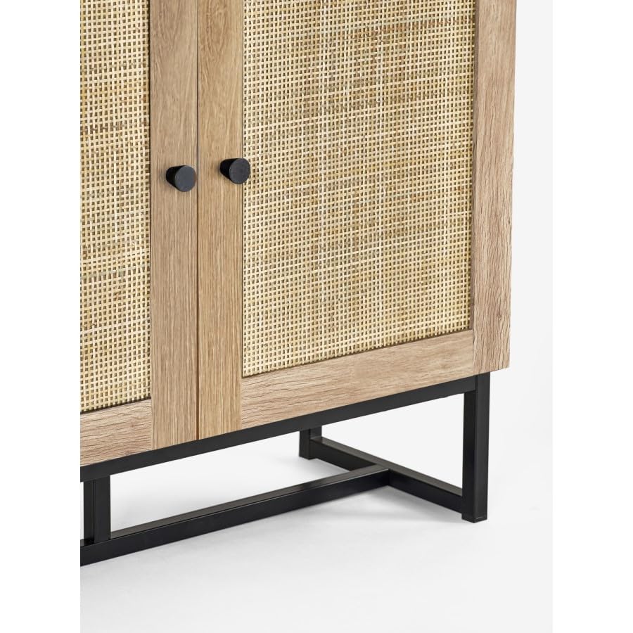 Padstow Tall Oak Bookcase with Rattan Doors – Rustic Display Unit with 3 Shelves & 2 Cupboards – Brown Wood & Black Metal Legs