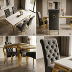 Luvon Emma Cream Marble Dining Table with Gold Frame & Grey Velvet Ring Knocker Chairs