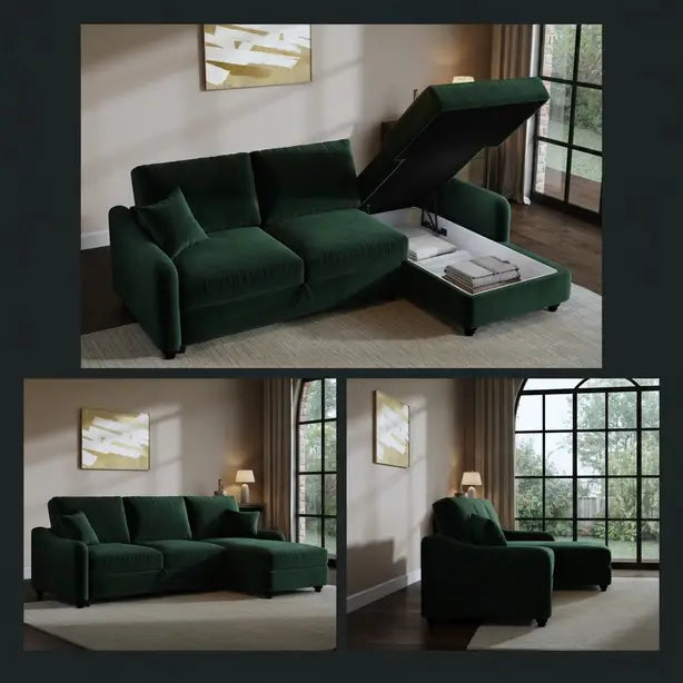 4 Seater Green Velvet Corner Sofa Bed with Storage
