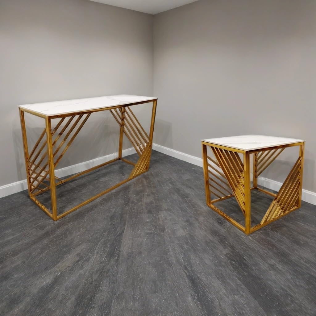 Azure Gold Console Table & Pair of Side Tables – Slim Hallway Console & Small Side Lamp Tables with White Sintered Stone Tops