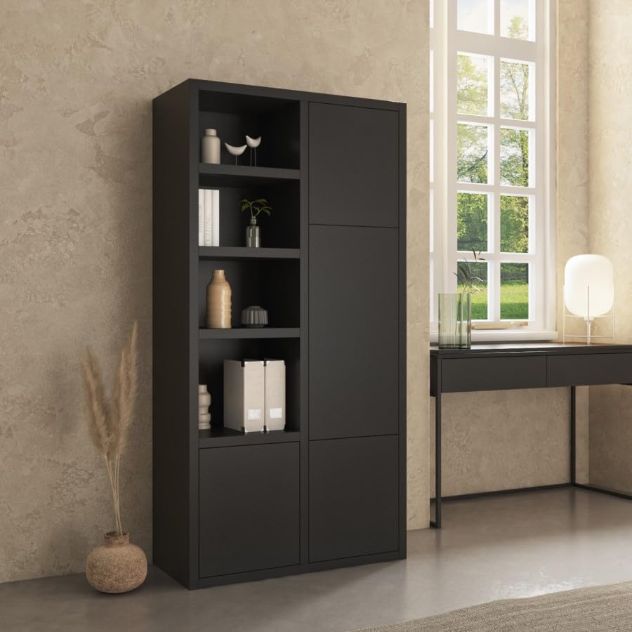 Larsen Tall Black Office Storage Cabinet – Wooden Filing Cupboard with Doors and Shelves – Industrial Home Office Furniture
