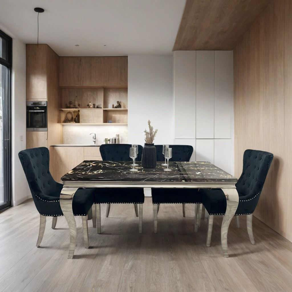 Louis Marble Dining Table – Modern Rectangular & Round Dining Room Table with Stainless Steel Base – Luxury Marble Top Dining Table for 4–6 People