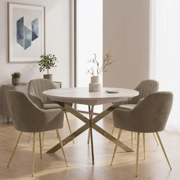 White Marble Extendable Dining Table & 4–6 Mink Velvet Chairs