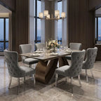 Luvon Cheshire Extending Ceramic Dining Table Set with 6 Grey Velvet Lion Head Knocker Chairs and Silver Chrome Legs