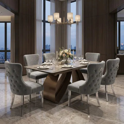 Luvon Cheshire Extending Ceramic Dining Table Set with 6 Grey Velvet Lion Head Knocker Chairs and Silver Chrome Legs