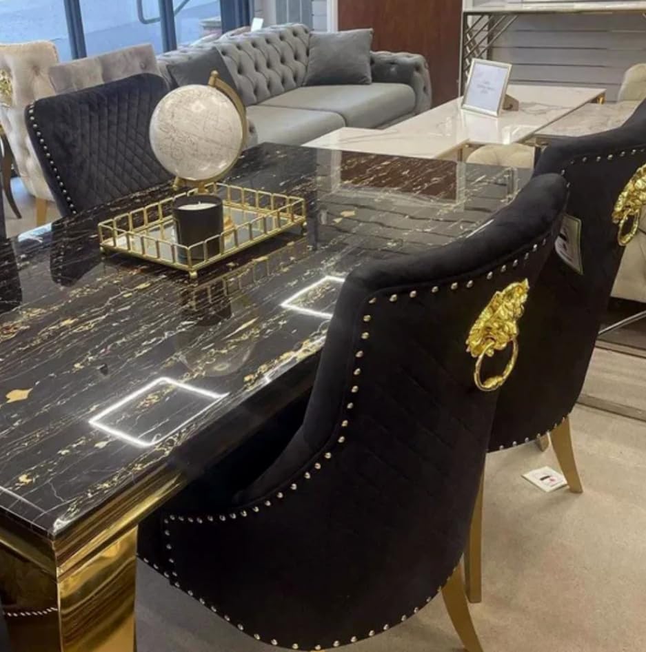 1.8m Marble Top Dining Table with 4 Velvet Lion Knocker Chairs – Black & Gold – Modern 4 Seater Dining Set Furniture