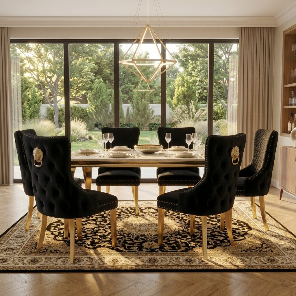 Luvon Milan Cream Marble Dining Table with Gold Frame & Lion Knocker Velvet Chairs