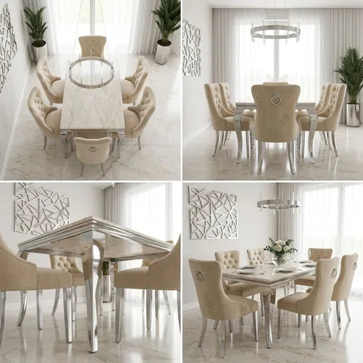 A 2x2 collage showing a modern dining room set in different interior views. The set includes a rectangular marble-top dining table with a mirrored glass top and chrome legs, surrounded by tufted beige upholstered chairs with silver legs.