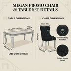 A beige promotional infographic titled 'MEGAN PROMO CHAIR & TABLE SET DETAILS' showing dimension callouts for a dining table and matching chair, with inset circles highlighting a chrome ring knocker and tufted button detail.