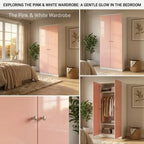 A collage showing a pink and white two-door wardrobe in a styled bedroom setting, with one panel closed, one partially open, and one close-up of the door. Text at the top reads 'EXPLORING THE PINK & WHITE WARDROBE: A GENTLE GLOW IN THE BEDROOM' and 'The Pink & White Wardrobe'.