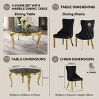 A composite product information graphic showing a 4-piece dining set: a round marble-top dining table with curved gold legs and four matching black tufted dining chairs with gold legs. The layout includes lifestyle photos of the set in use, dimension callouts for the table and chairs, and text reading '4 CHAIR SET WITH MARBLE DINING TABLE,' 'Dining Chairs,' and 'TABLE DIMENSIONS.