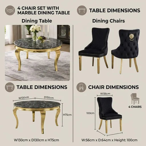 A composite product information graphic showing a 4-piece dining set: a round marble-top dining table with curved gold legs and four matching black tufted dining chairs with gold legs. The layout includes lifestyle photos of the set in use, dimension callouts for the table and chairs, and text reading '4 CHAIR SET WITH MARBLE DINING TABLE,' 'Dining Chairs,' and 'TABLE DIMENSIONS.
