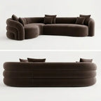 A dark brown velvet sectional sofa with a rounded, organic curved design and matching throw pillows, shown from two angles: a three-quarter view from the front and a rear view showing the layered horizontal cushion construction.