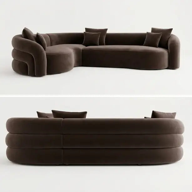 A dark brown velvet sectional sofa with a rounded, organic curved design and matching throw pillows, shown from two angles: a three-quarter view from the front and a rear view showing the layered horizontal cushion construction.