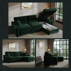 A dark green velvet sectional sofa shown in a staged living room, with one inset view showing the lift-up armrest opening to reveal storage space and a chaise section extended. The image is a three-panel collage on a dark gray background.