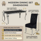 A dimension diagram for a modern dining set showing a black marble-top table and matching upholstered chair with labeled measurements and feature callouts on a beige background.