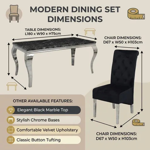 A dimension diagram for a modern dining set showing a black marble-top table and matching upholstered chair with labeled measurements and feature callouts on a beige background.