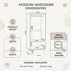 A dimension diagram for a modern wardrobe, showing a line drawing of the cabinet with labeled measurements for height, width, and depth, plus a shelf spacing detail and material highlights on a light beige background.