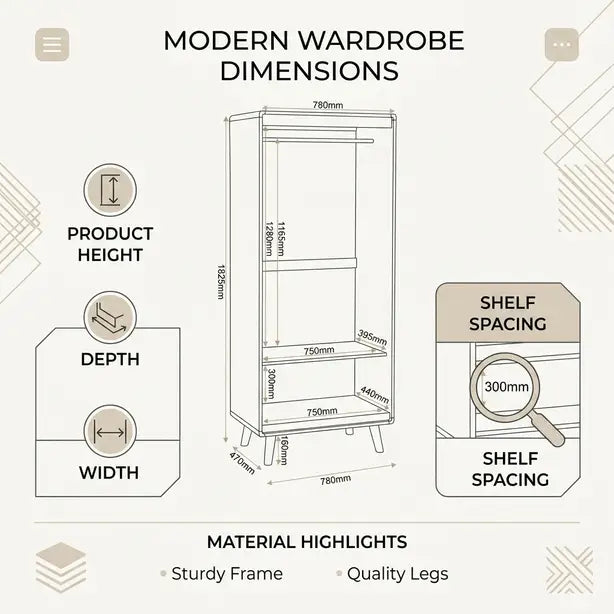 A dimension diagram for a modern wardrobe, showing a line drawing of the cabinet with labeled measurements for height, width, and depth, plus a shelf spacing detail and material highlights on a light beige background.