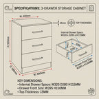 A dimension diagram of a 3-drawer storage cabinet with labeled measurements, including overall height, width, depth, top thickness, internal drawer space, and drawer front size, on a beige background.