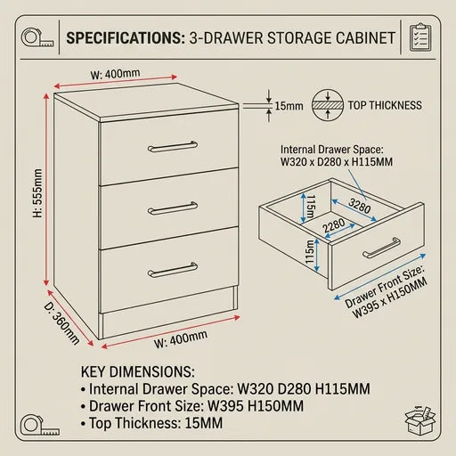 A dimension diagram of a 3-drawer storage cabinet with labeled measurements, including overall height, width, depth, top thickness, internal drawer space, and drawer front size, on a beige background.