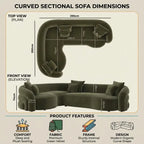 A dimension diagram of a curved sectional sofa showing top-down plan and front elevation measurements, with product features listed below on a beige background.