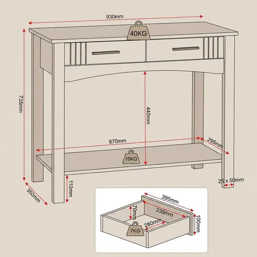 A dimension diagram of a light wood console table with drawers,