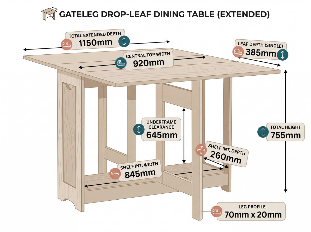A dimension diagram of an extended gateleg drop-leaf dining table in light wood, showing measurements for total extended depth, central top width, leaf depth, total height, underframe clearance, shelf int. width, shelf int.