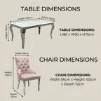 A dimension diagram showing a rectangular table and a tufted chair with labeled measurements and text reading 'TABLE DIMENSIONS' and 'CHAIR DIMENSIONS' on a plain beige background.