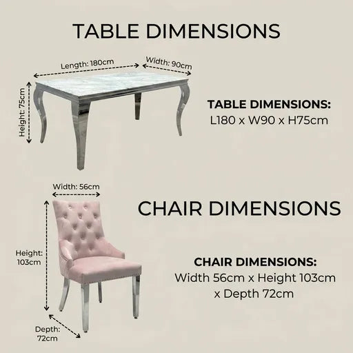 A dimension diagram showing a rectangular table and a tufted chair with labeled measurements and text reading 'TABLE DIMENSIONS' and 'CHAIR DIMENSIONS' on a plain beige background.