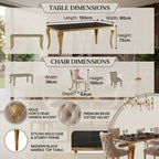 A dimension infographic for a modern dining table and matching chairs, showing labeled measurements for table length, width, and height, plus chair width, height, and depth. The image includes feature callouts such as gold lion head handle accent, premium beige tufted velvet upholstery, stylish gold legs, and a black marble table top, with small product photos embedded in the layout.