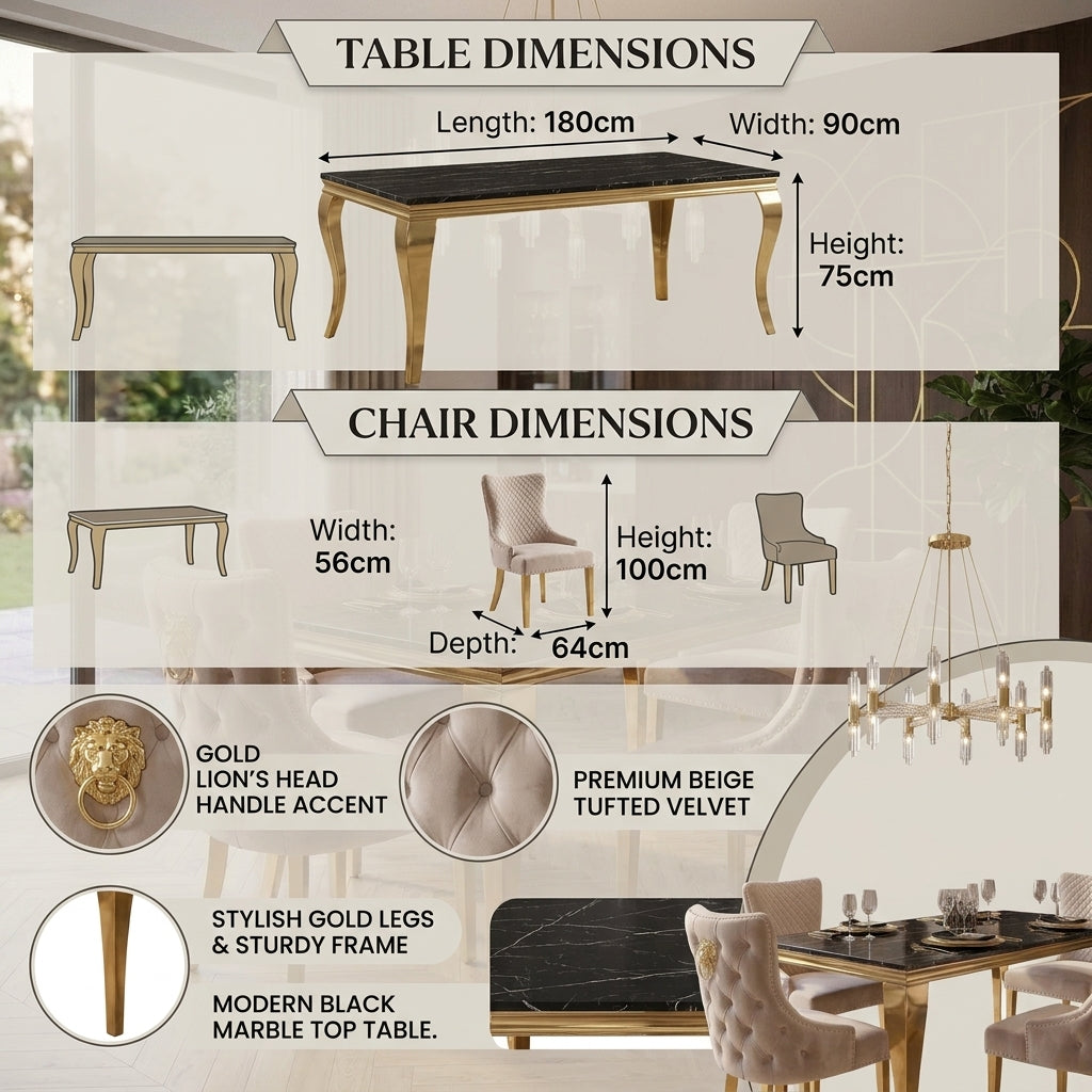 A dimension infographic for a modern dining table and matching chairs, showing labeled measurements for table length, width, and height, plus chair width, height, and depth. The image includes feature callouts such as gold lion head handle accent, premium beige tufted velvet upholstery, stylish gold legs, and a black marble table top, with small product photos embedded in the layout.