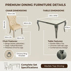 A dimension infographic for a premium dining furniture set, showing chair and table measurements with labels, plus feature callouts for the chair (beige velvet upholstery, deep tufted backrest, polished chrome legs) and table (marble effect top, chrome cabriole legs, contemporary design).