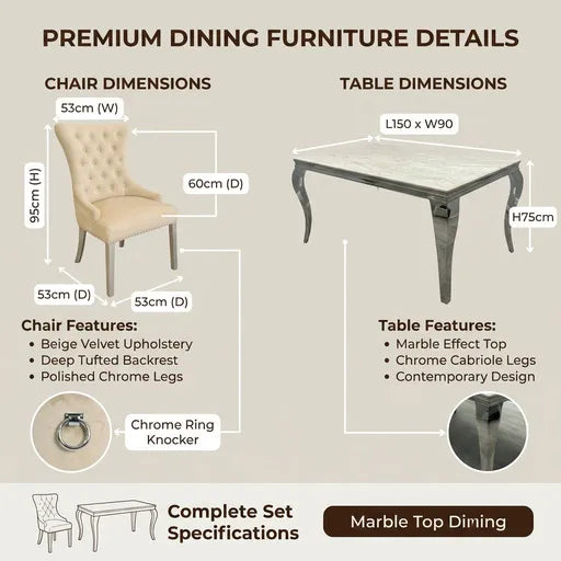 A dimension infographic for a premium dining furniture set, showing chair and table measurements with labels, plus feature callouts for the chair (beige velvet upholstery, deep tufted backrest, polished chrome legs) and table (marble effect top, chrome cabriole legs, contemporary design).