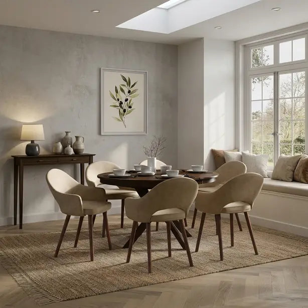A dining room scene featuring a round dark wood table surrounded by six upholstered dining chairs in a warm beige fabric, set on a woven area rug. The room has a textured light gray wall, a built-in window seat with cushions, and a framed botanical print on the wall.