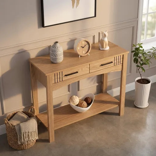  light oak wood console table styled in a home interior setting,