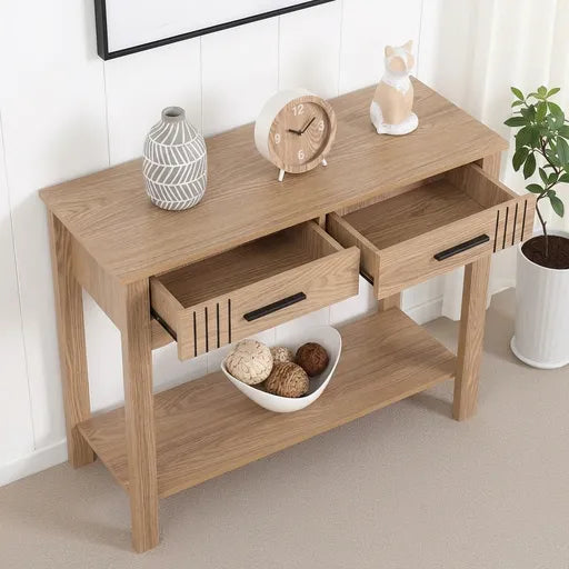 A light oak wood console table with two open drawers, a lower shelf, 