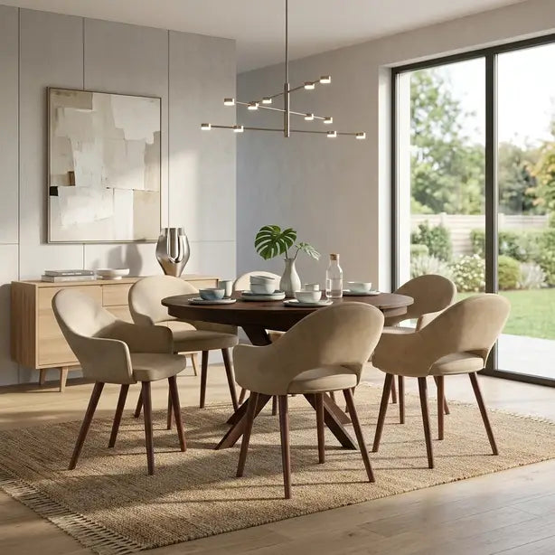 A modern dining room set featuring a round dark wood table surrounded by six upholstered chairs in a warm beige fabric with dark wooden legs, set on a woven jute rug in a bright, contemporary dining room.