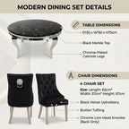A product infographic detailing a modern dining set, showing a black marble round table with chrome cabriole legs and four matching black velvet tufted chairs with chrome accents and a lion head knocker.