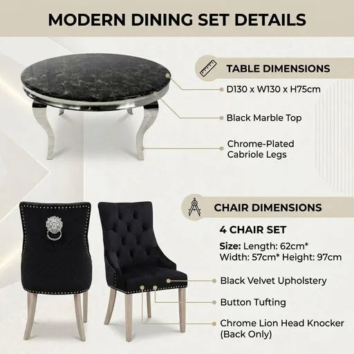 A product infographic detailing a modern dining set, showing a black marble round table with chrome cabriole legs and four matching black velvet tufted chairs with chrome accents and a lion head knocker.