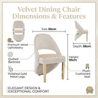 A product infographic for a velvet dining chair showing dimensions and features. The main chair is shown in the center with callouts indicating size 55cm width, depth 58cm, and height 93cm.
