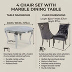 A product infographic showing a 4-piece chair set with a marble dining table, including dimensions, features, and material descriptions for the table and chairs on a beige background.