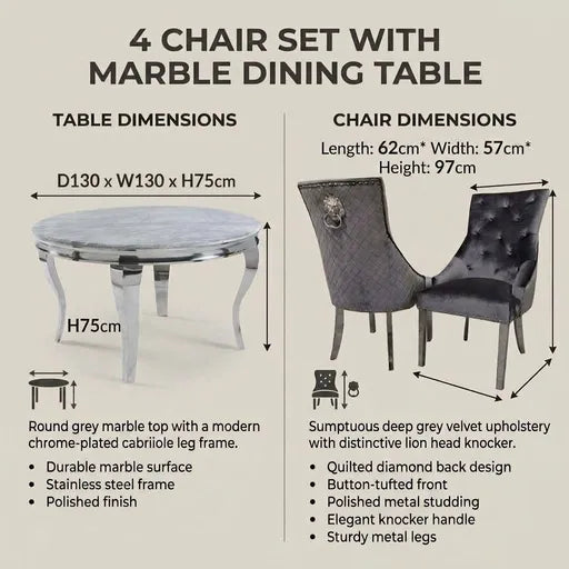 A product infographic showing a 4-piece chair set with a marble dining table, including dimensions, features, and material descriptions for the table and chairs on a beige background.