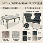 A product information graphic for the Megan Promo Dining Set, showing table and chair dimensions with labeled measurements, plus close-up material and finish details for the marble-look tabletop, velvet fabric, chrome legs, ring knocker, and stud legs.