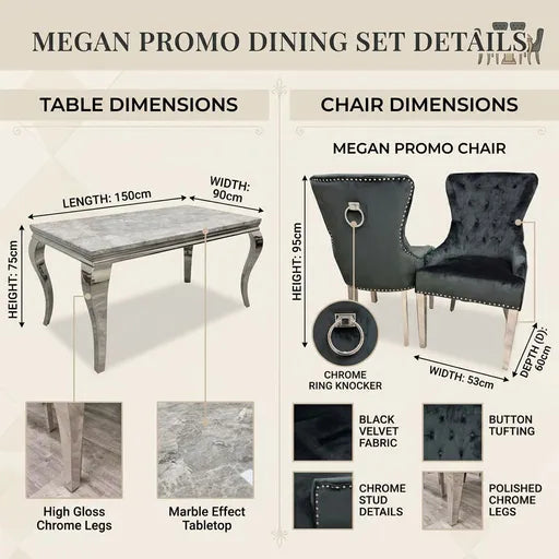 A product information graphic for the Megan Promo Dining Set, showing table and chair dimensions with labeled measurements, plus close-up material and finish details for the marble-look tabletop, velvet fabric, chrome legs, ring knocker, and stud legs.