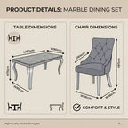 A product specification and details infographic for a dining set, showing a table and chair with labeled dimensions, material callouts, and feature explanations on a beige background.