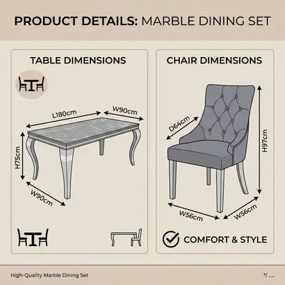 A product specification and details infographic for a dining set, showing a table and chair with labeled dimensions, material callouts, and feature explanations on a beige background.
