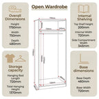 A product specification infographic for an open wardrobe, showing a central line drawing of the wardrobe with labeled dimensions and surrounding text boxes detailing overall dimensions, storage capacity, internal shelving, and base dimensions.